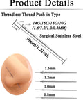 Threadless thread push-in type nose piercing with 14G/16G/18G/20G taper set, surgical stainless steel, product details display