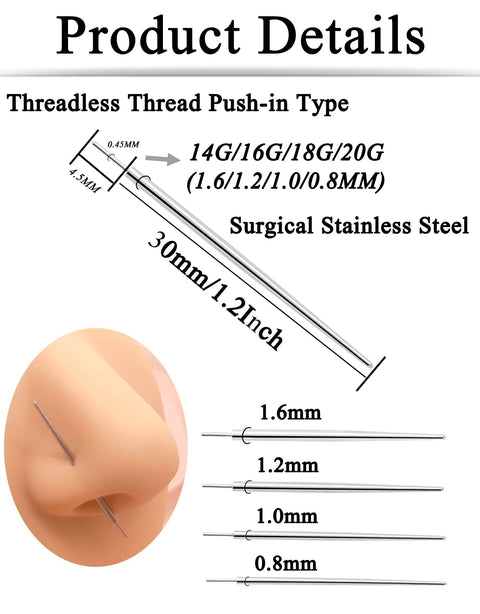 Threadless thread push-in type nose piercing with 14G/16G/18G/20G taper set, surgical stainless steel, product details display