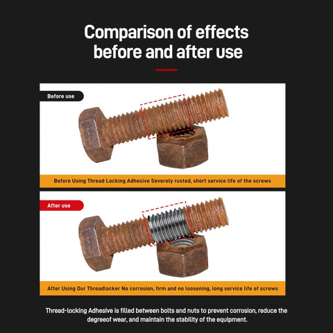 Threadlocker adhesive before-and-after comparison on rusted bolt and nut