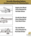 Diagrams showing mounting options for Door Closer, Grade 1 Heavy Duty Commercial Hydraulic Closer, Series 4401, with regular, parallel, and top jamb arms.