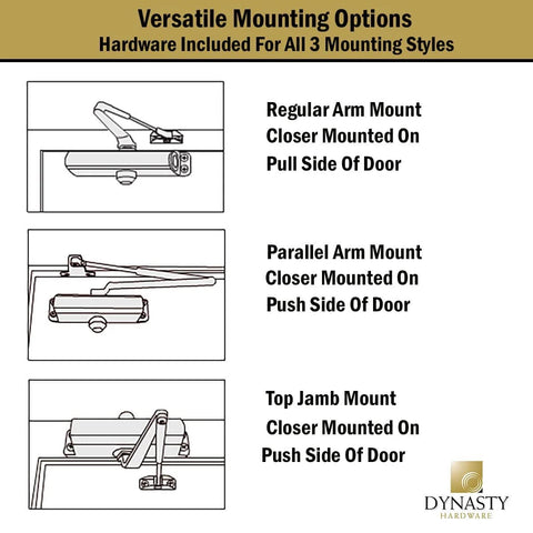 Diagrams showing mounting options for Door Closer, Grade 1 Heavy Duty Commercial Hydraulic Closer, Series 4401, with regular, parallel, and top jamb arms.