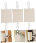 Three door slam stoppers provide quiet, damage-free openings with tool-free installation shown in beige with hanging loops
