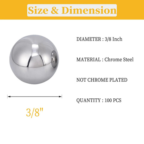 Hundred Piece Set Of Three Eighth Inch Hardened Chrome Steel Bearing Balls For DIY Projects, AISI 52100, showing size and material details.