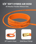 Close-up of Retractable Three Eighth Inch By Fifty Foot Air Hose Reel With Auto Rewind Hybrid Hose 300 PSI Max with brass fittings