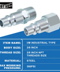 High Flow Three Eighths Inch Air Fittings Kit With Quick Connects Beefy Industrial Couplers And Plugs FNPT And MNPT Threads Ten Piece Set For Air Compressors And Tools For Home Garage And Shop Or Workshop Use