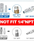 High Flow Three Eighths Inch Air Fittings Kit With Quick Connects Beefy Industrial Couplers And Plugs FNPT And MNPT Threads Ten Piece Set For Air Compressors And Tools For Home Garage And Shop Or Workshop Use. Various 3/8 inch and 1/4 inch fitting sizes comparison chart.