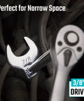 Three Eighths Inch Drive Crowfoot Wrench Set with Two Extension Bars SAE and Metric Nineteen-Piece CR-V Steel in use
