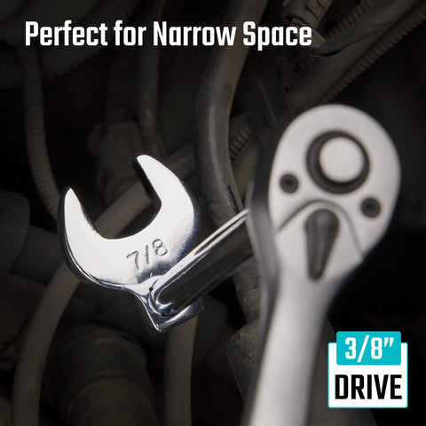 Three Eighths Inch Drive Crowfoot Wrench Set with Two Extension Bars SAE and Metric Nineteen-Piece CR-V Steel in use
