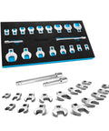 Three Eighths Inch Drive Crowfoot Wrench Set with Two Extension Bars SAE and Metric Nineteen-Piece CR-V Steel with EVA Foam Tool Organizer