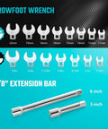 Three Eighths Inch Drive Crowfoot Wrench Set With Two Extension Bars SAE And Metric Nineteen-Piece CR-V Steel Size Chart