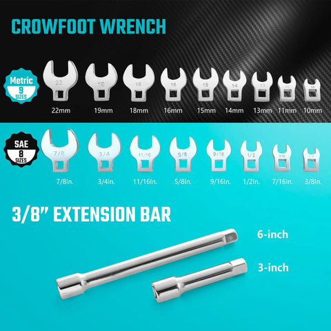 Three Eighths Inch Drive Crowfoot Wrench Set With Two Extension Bars SAE And Metric Nineteen-Piece CR-V Steel Size Chart