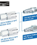 High Flow Three Eighths Inch Air Fittings Kit With Quick Connects Beefy Industrial Couplers And Plugs FNPT And MNPT Threads Ten Piece Set For Air Compressors And Tools For Home Garage And Shop Or Workshop Use showing 3/8 inch female and male NPT plugs.