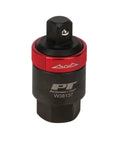 Close-up of Performance Tool Three Eighths Inch Drive Ratcheting Adapter with oil-resistant black finish and red accent.