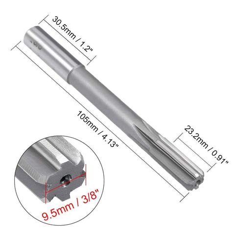 Three Eighths Inch HSS Chucking Reamer With Six Straight Flutes And Round Shank Milling Cutting Tool For Precision Reaming In Stainless Steel Holes On Lathe Machines With H7 Tolerance, 105mm Total Length, 23.2mm Flute Length, side view