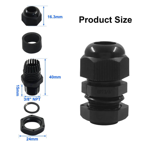 Three Eighths Inch NPT Cable Glands Nylon Waterproof Adjustable Cord Grips With Locknut And Gaskets Heavy Duty Strain Relief