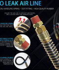 Three In One Air Hose Kit For Semi Trucks Fifteen Foot Long With ABS Power Airlines Hose Wrap Ready To Install For Tractor Trailers Includes Two Glad Hands One Grip One Spring Twelve Seals And A Seven Way Electrical Cable Plus Teflon Tape; close-up of no leak air line with spring and fittings