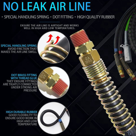 Three In One Air Hose Kit For Semi Trucks Fifteen Foot Long With ABS Power Airlines Hose Wrap Ready To Install For Tractor Trailers Includes Two Glad Hands One Grip One Spring Twelve Seals And A Seven Way Electrical Cable Plus Teflon Tape; close-up of no leak air line with spring and fittings