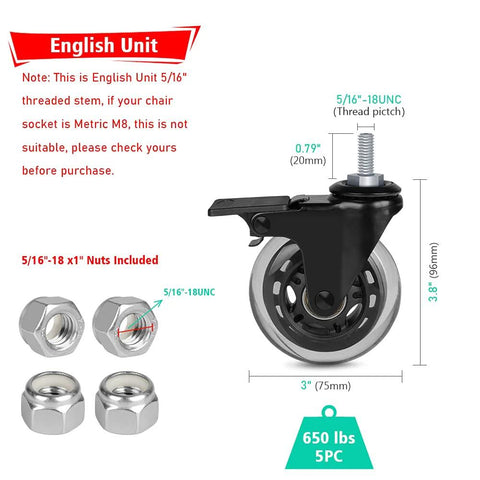 Three Inch Swivel Caster Set With Five Sixteenth Inch Threaded Stem Eighteen UNC Heavy Duty Casters for hardwood and tile floors