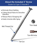 3-inch screw with Torx head, double cut type, showing mid thread cut and tail cut. Includes Torx bit. Ideal for smooth operation.