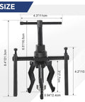 Three Jaw Inner Bearing Puller Set dimensions showing heavy duty gear extractor with corrosion resistant black oxide finish.