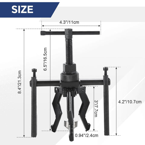 Three Jaw Inner Bearing Puller Set dimensions showing heavy duty gear extractor with corrosion resistant black oxide finish.