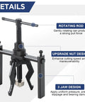 Three Jaw Inner Bearing Puller Set with rotating rod and upgrade nut design in black oxide finish.