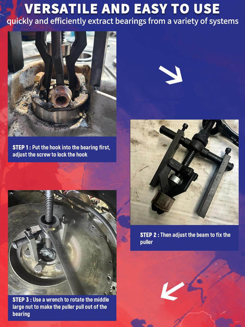 Three Jaw Inner Pilot Bearing Puller For Car SUV Motorcycle Bearing Removal Tool Universal Fit For Sleeve Type Bearings From 0.7 To 1.5 Inches in use, showing steps for bearing extraction.