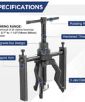 Three Jaw Inner Bearing Puller Set with specifications including rotating rod, support arm, and adjustable 3 jaw design for 18-38 mm bearings.