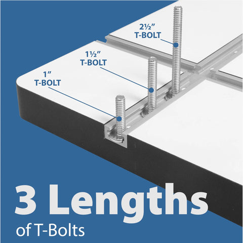 Diagram showing 3 lengths of T-bolts from the 46 Piece T Track Bolts And Knobs Kit With 5/16-18 T Bolts And Threaded Knobs For Woodworking Projects.