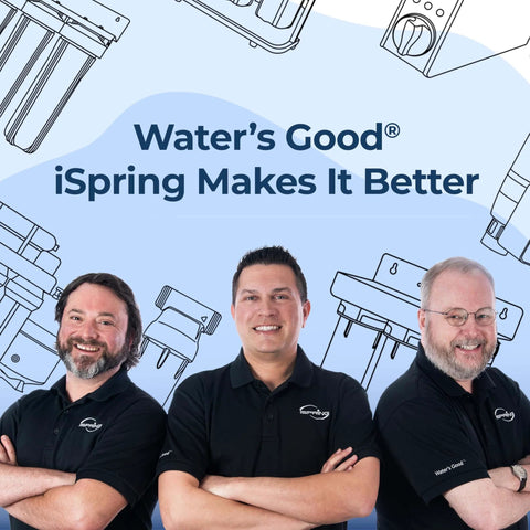 Three men in black shirts standing in front of a blue background with water filtration system drawings and text 'Water's Good, iSpring Makes It Better'