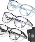 Three Pack Anti Fog Safety Glasses ANSI Z87 High Impact Blue Light Lenses with clear, tortoiseshell, and black frames.