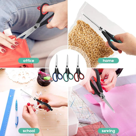 Three Pack 8 Inch Heavy Duty Scissors With Ultra Sharp Blades And Comfort Grip Handles for office, home, school, and sewing use