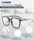 Transparent over-glasses safety goggles with side shields, showing anti-fog coating, ANSI Z87.1 certified, for eyewear protection.