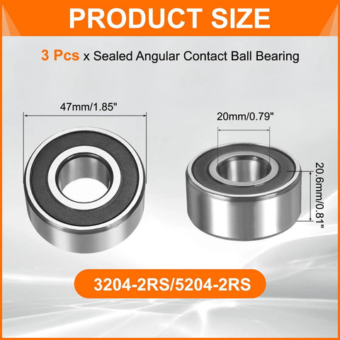 Three Pack Double Row Sealed Angular Contact Ball Bearings 20 By 47 By 20.6 Millimeters 3204 2RS 5204 2RS Sealed Bearings