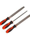 Three Piece 8 Inch Professional File Set with High Carbon Steel Files for Metal, Wood, and Plastic; includes Flat, Half-Round, and Round Shapes