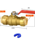 Two Pack Three Quarters Inch Push Fit Ball Valve With Disconnect Clip Full Port Push To Connect Water Shut Off Valve shown with dimensions.