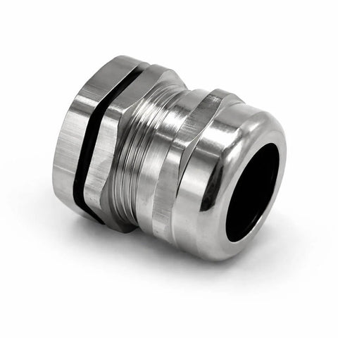 Brass 3/4 in NPT cable gland with threaded body and rubber seal; metal pass-through fitting