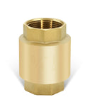 3/4 Inch NPT Brass Vertical Check Valve With Inline Spring Lead Free One Way Backflow Preventer, brass body viewed from front