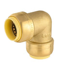 Side view of Pack Of Two Go-To Three Quarter Inch 90 Degree Push Fit Brass Elbow Fittings For Copper PEX CPVC And PE-RT Pipes With Clip