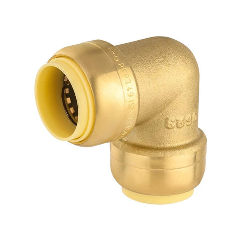 Side view of Pack Of Two Go-To Three Quarter Inch 90 Degree Push Fit Brass Elbow Fittings For Copper PEX CPVC And PE-RT Pipes With Clip