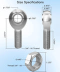 Size specifications of 3/4 inch Heim joint rod end kit with jam nuts, left and right hand thread, heat treated, hard chrome plated.
