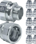 Ten Pack Three Quarter Inch Steel Compression Rigid Connector With Zinc Plated Threadless Design And Spring Coil For Metal Electrical Conduit Fittings For RGD Tubes Junction Boxes And Hubs, showing the front view of connectors