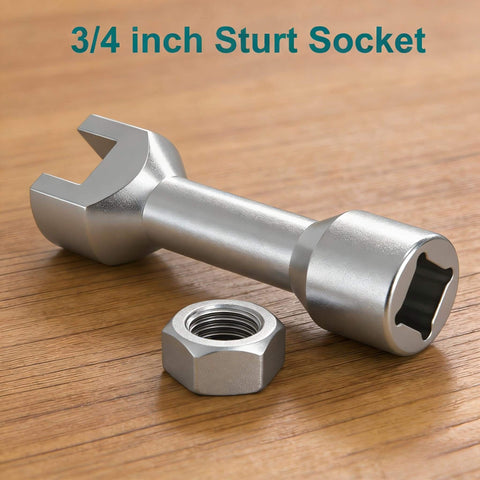 Three Quarter Inch Strut Socket With One Half Inch Drive For One And Five Eighths Inch Wide Strut Channels Forged Heat Treated Alloy Steel Suspension Socket Tool Silvery next to nut on wood surface