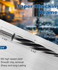 Three Quarter Inch M2 HSS Taper Chucking Reamer Drill Bit For Precision Hole Sizing And Realigning Pre Drilled Holes In Steel Alloy Aluminum Wood And Plastic Heavy Duty Pro Grade Rocaris with dimensions and features.