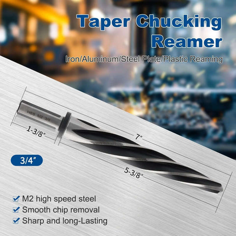 Three Quarter Inch M2 HSS Taper Chucking Reamer Drill Bit For Precision Hole Sizing And Realigning Pre Drilled Holes In Steel Alloy Aluminum Wood And Plastic Heavy Duty Pro Grade Rocaris with dimensions and features.