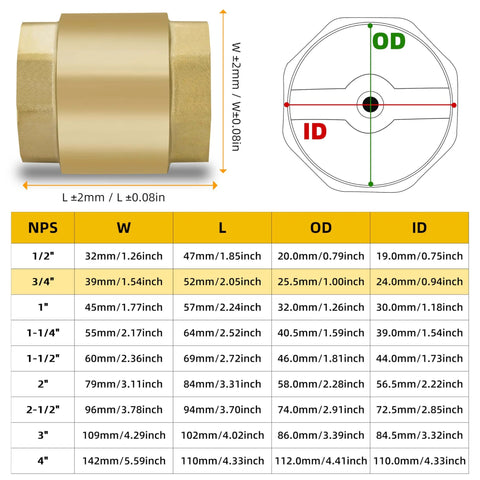 3/4 Inch NPT Brass Vertical Check Valve With Inline Spring Lead Free One Way Backflow Preventer dimensions chart