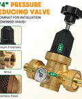 3/4 inch adjustable water pressure regulator with brass and polymer components, featuring a gauge for confined space installation.