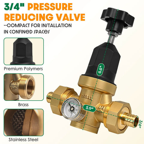 3/4 inch adjustable water pressure regulator with brass and polymer components, featuring a gauge for confined space installation.