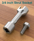 Three Quarter Inch Strut Socket With One Half Inch Drive For One And Five Eighths Inch Wide Strut Channels Forged Heat Treated Alloy Steel Suspension Socket Tool Silvery on wood surface with bolt
