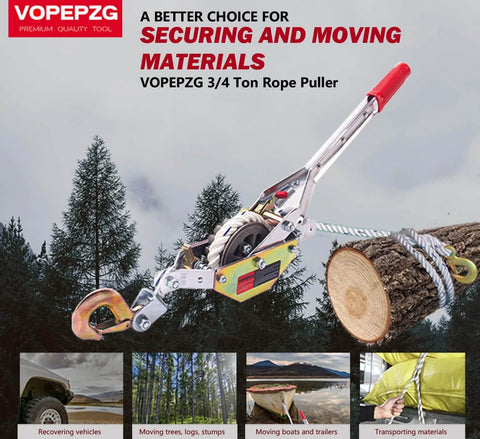 Three Quarter Ton Rope Puller Come Along Winch With 100 Ft Rope For Tree Felling Hauling Boats And Securing Materials in use